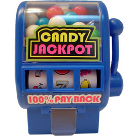 Blue plastic shapped slot machine that dispenses colorful candy when slot handle is pulled. 