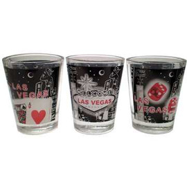 Set of 3 Glass Las Vegas shotglass with a design wrap in the middle which have a Retro Las Vegas Look and Vibe to them. Colors are black, gray, white, and red.