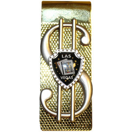Golden hue money clip with a Giant $ sign and a small black Las Vegas shield on the center. 