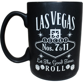 Black ceramic Las Vegas souvenir mug with a Gray design on both sides, left view.