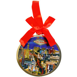 Round Metal Las Vegas ornament with a Red Ribbon and LV Strip Design in the Center.