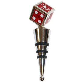 Quality Metal Wine Bottle Stopper with a Red Cubed Las Vegas Die "Dice" on Top.