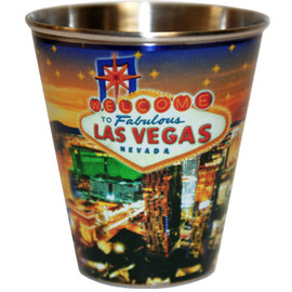 This Tin-Stainless Steel Las Vegas Shotglass has our Star design on it. Features Las Vegas Casinos on a Starry evening skyline.
