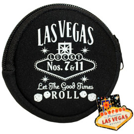Black Round shape cloth coin purse, White print Las Vegas Let the Good Times Roll with dice design.