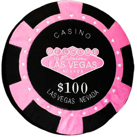 Front of the Round Poker Chip Shape Decorative Pillow in Hot Pink and Black, designed to replicate a  $100 poker chip.