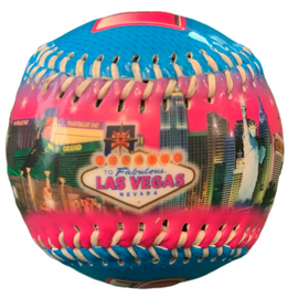 Blue Baseball with a colorful Las Vegas Pink Skyline scene on it.