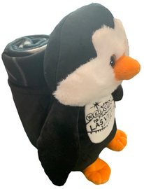 Side View of Plush Las Vegas Penguin with Child Blanket in Pouch.