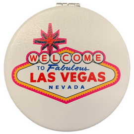 Bright Colorful Las Vegas Welcome Sign on a White Background Round Las Vegas Compact Mirror.