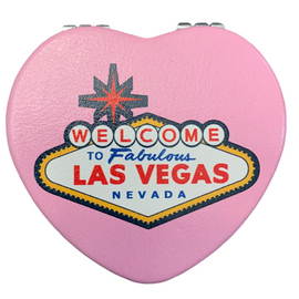Bright Colorful Las Vegas Welcome Sign on a Pink Background Heart Shaped Las Vegas Compact Mirror.