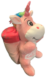Side View of pink plush Las Vegas Unicorn with Pink Child Blanket in Pouch.