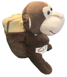 Side View of brown plush Las Vegas Monkey with Tan Child Blanket in Pouch.