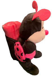 Side View of black and hot pink plush Las Vegas Lady Bug with Hot Pink Child Blanket in Pouch.