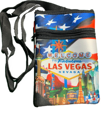 US Flag background smaller disco purse with a Las Vegas City Icons and Casinos with our American Flag proudly first and foremost.