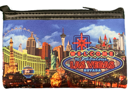 Colorful cloth coin purse, NEON strip design showcases the Las Vegas Strip and a Welcome To Las Vegas Sign in bright neon coloring.