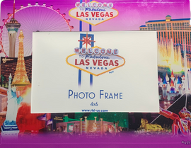 Purple Skyline background on this glass Photo Frame showcasing the Beautiful Las Vegas Casinos in full color for a pop of contrasting elements.