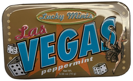 Tin rectangle slide open box of  peppermints. Design on Tin is gold background with "Las Vegas".