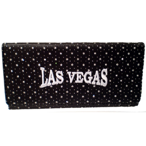 Black Wallet with shiny specks all over it and a large White embroidered Las Vegas on the front.