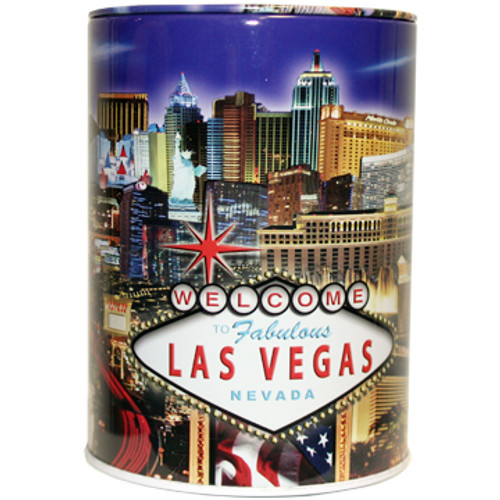 Tin bank in cylinder shape with colorful blue background and Las Vegas Strip design.