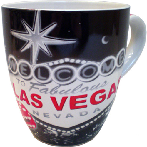 Oversized Las Vegas Souvenir Ceramic mug with a Black and Gray design and the Las Vegas in red inside a gray Welcome to Vegas Sign.