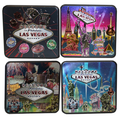 Metallic Square Coaster Set with 4 different designs make colorful Las Vegas souvenirs.