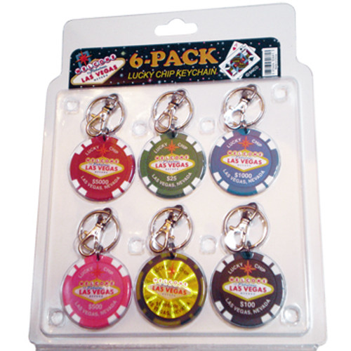 Packaged set of six (6) Las Vegas colorful Poker Chip Keychains.