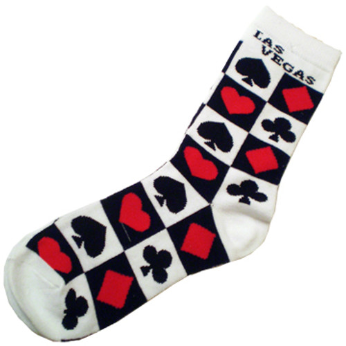 White Sock with Las Vegas on the Top. There are Black and Red Card Suits in boxes all over the socks.