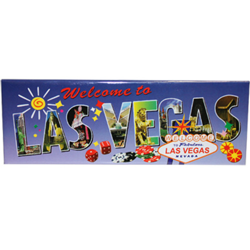 Las Vegas Magnet with View of FUN Vegas Icons on colorful Rectangle 