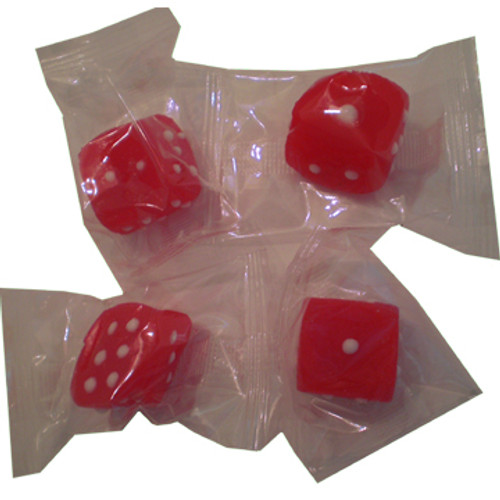 Individually wrapped red gummy dice. 