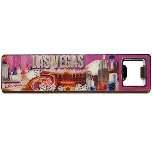 Pink background, elongated, heavy metal, bottle opener Magnet that has Las Vegas Icons and casino scene on it.