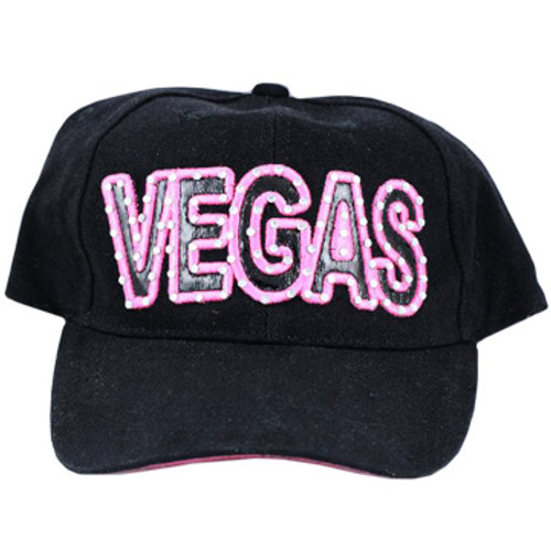 Black Baseball style cap with Vegas in Black and outlined in Pink with Rhinestones. 