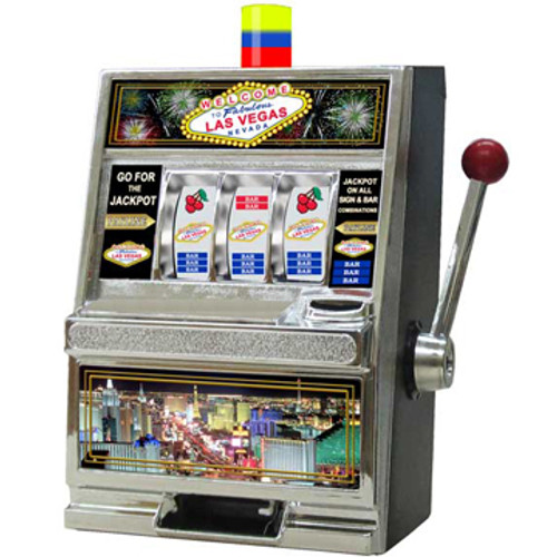 Black & Silver Plastic working Slot Machine Replica. Las Vegas Themed graphics and design on this fun, functioning item.