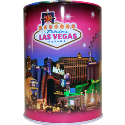 Tin bank in cylinder shape with colorful Pink Skyline Design and background.