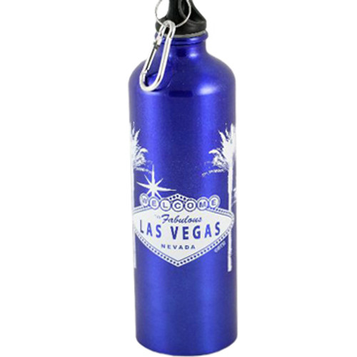 Blue Metallic metal Las Vegas Waterbottle with a White design. Screw top and carabiner clip. 