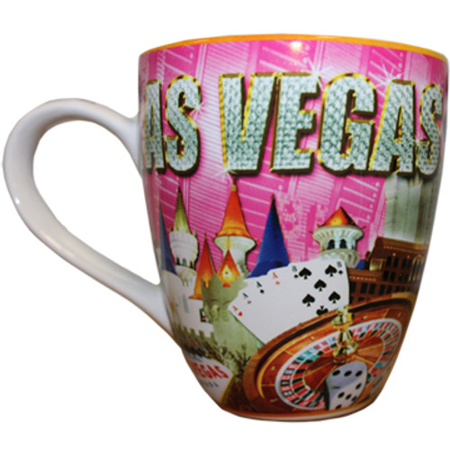 Oversized Las Vegas ceramic coffee mug with a Las Vegas Sign and pink diamonds collage design on a vibrant strip background, side view.
