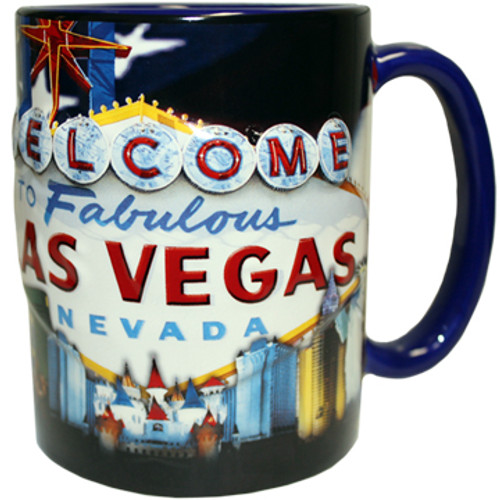 Oversized Las Vegas ceramic coffee mug with a prominent Las Vegas Sign design embossed design with a patriotic flag background, side view.