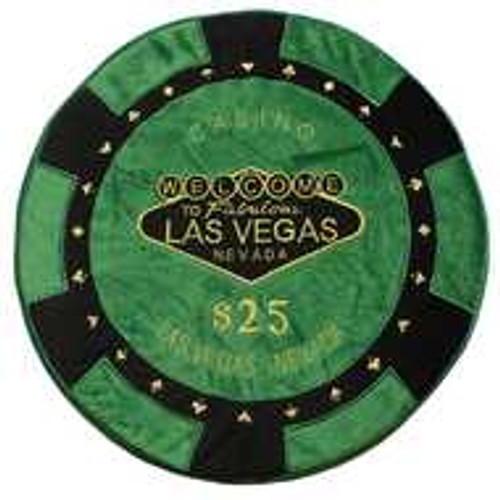 Round Poker Chip Shape Decorative Pillow in Green and Black, designed to replicate a real $25 poker chip.