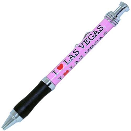 Pink  design pen with I "heart" (Heart in Red) Las Vegas written all over it. 