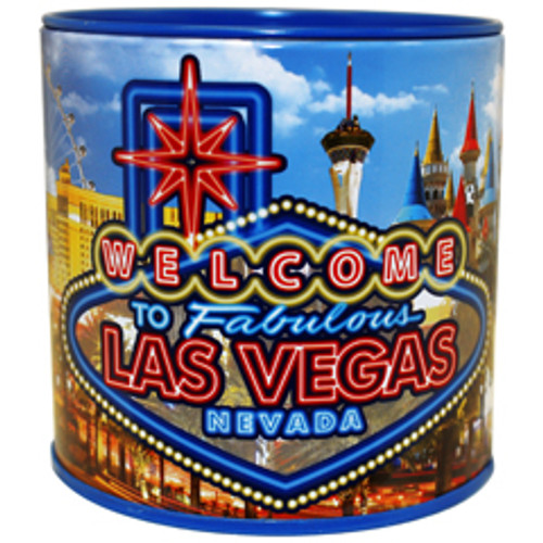 Tin bank in cylinder shape with colorful NEON Las Vegas Design all over it.
