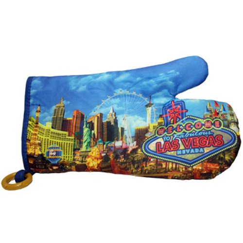 Oven Mitt Souvenir from Las Vegas with a Blue Neon print design on it.