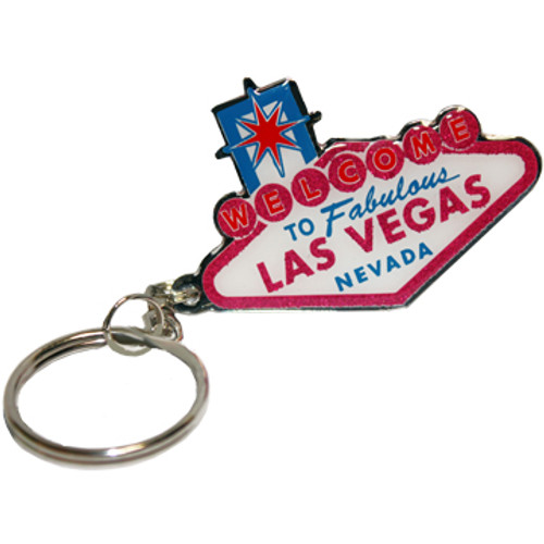 Pink and White Design Cut Shape Las Vegas Sign Metal Keychain.