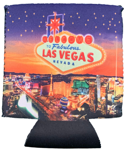 Las Vegas Glittery Star design can coozie, drink cooler, folds flat.