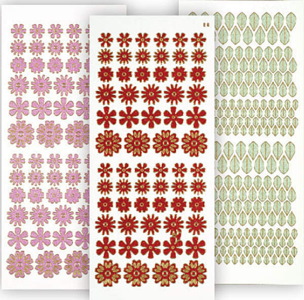 HOTP Dazzles 3-Pack Red Tiny Flowers Stickers 2488 Holographic & Pearl & Green Mirror Leaves Peel Style Outline Stickers