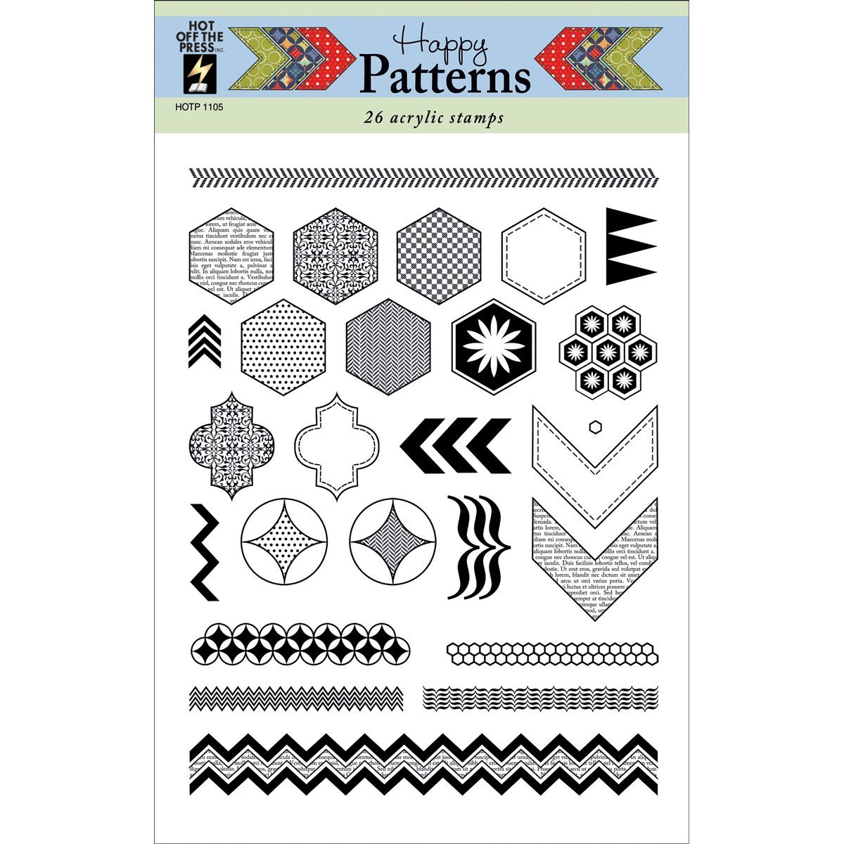 Hot Off The Press Acrylic Stamps, 6 by 8-Inch Sheet, Happy Patterns