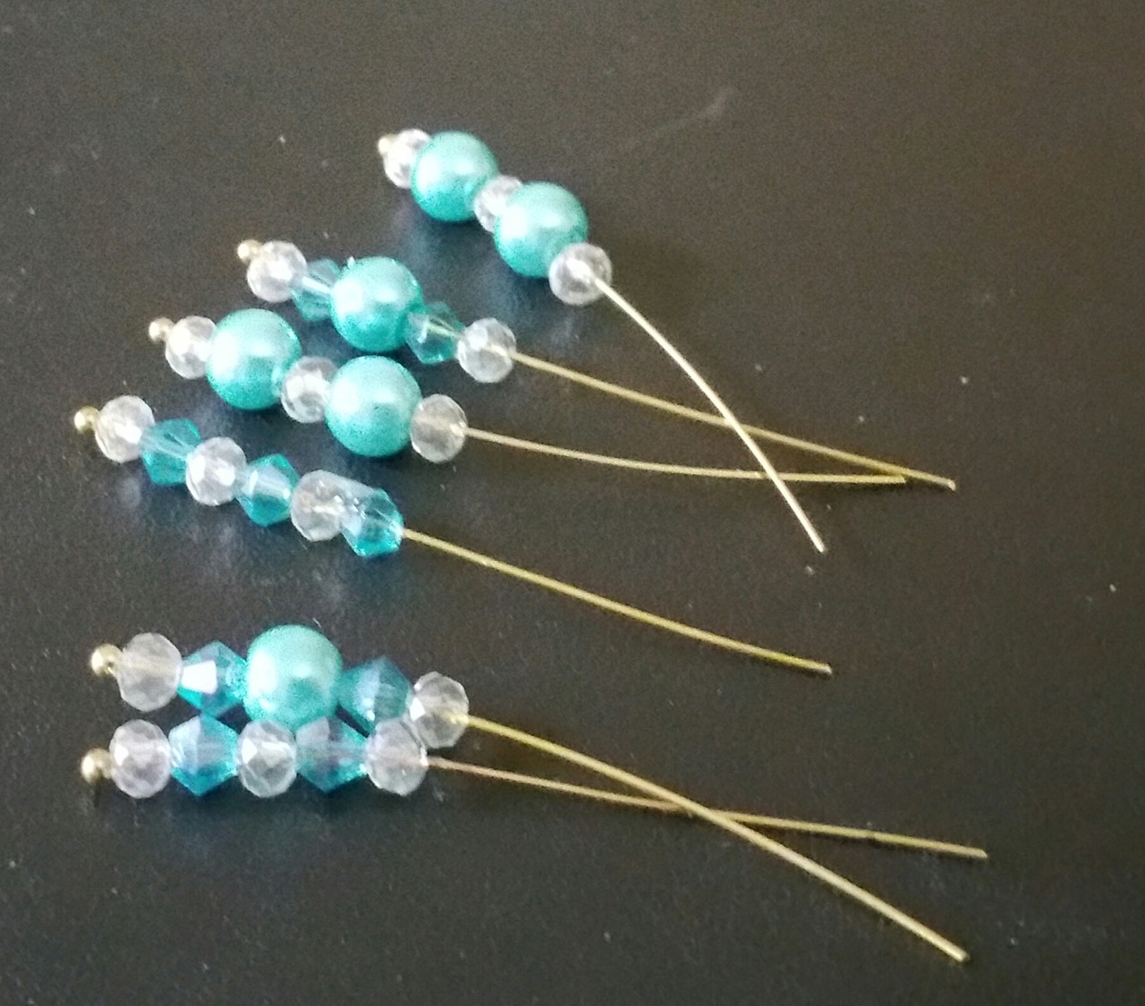 Bow Pins - Small - Aqua, Glass Pearl and Crystal on 20ga Silver Pins P019