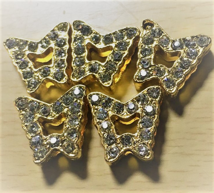 Rhinestone Ribbon Slider Charm Butterfly Gold 5pc C2015