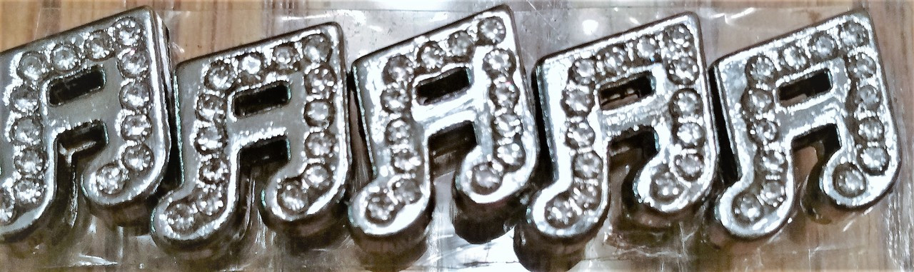 Rhinestone Ribbon Slider Charm Musical Notes Silver - Shape 5pc C2026