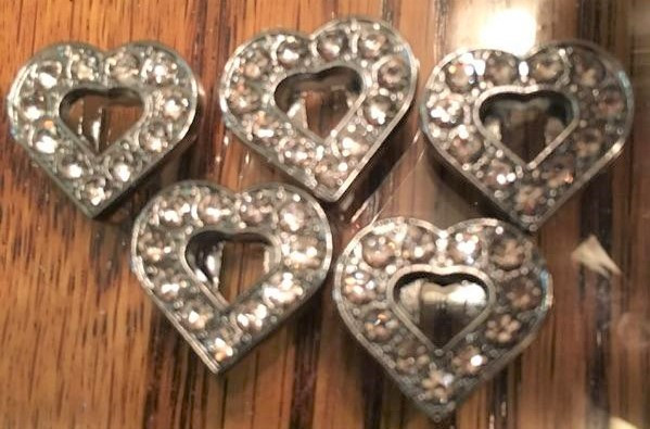 Rhinestone Ribbon Slider Charm Heart w/11 Stones & Heart Center Silver  5pc C2028
