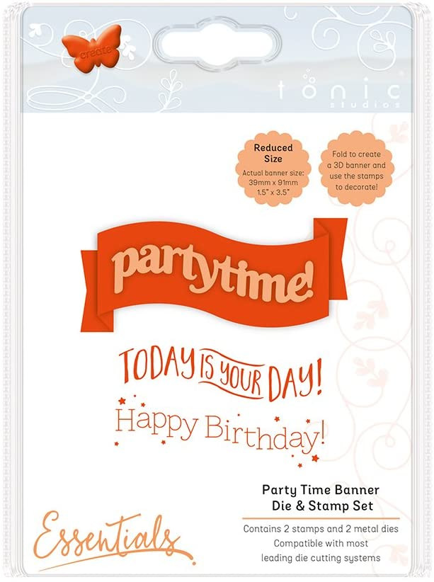 TONIC STUDIOS Party Time Banner Die and Stamp Set, Rubber & Metal Stainless Steel/Clear, 3.9 x 9.1 x 0.2 cm