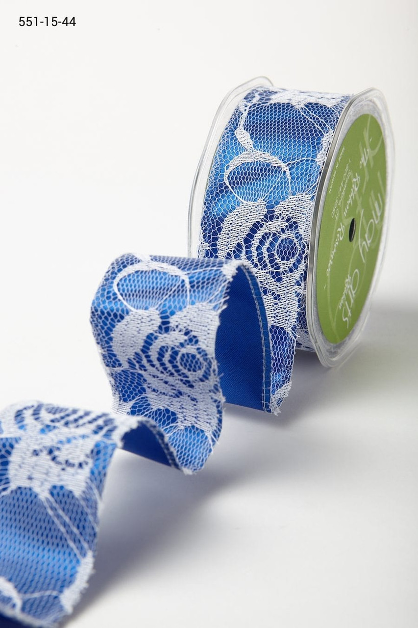 May Art Lace Ribbon - White Lace on Blue Ribbon - 1.5-in x 10 Yards STUNNING!