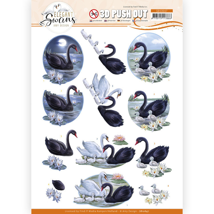 3D Push Out - Amy Design – Elegant Swans - Black Swans